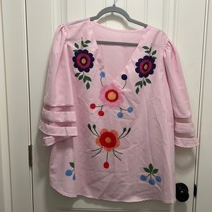 Colorful Floral Patterned Pink Flutter-Sleeved